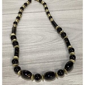 Goldtone 30" Necklace w/‎ Black & Gold Large Beads Vintage